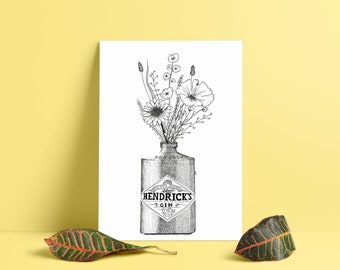 Affiche Bouquet de Fleurs Bouteille Hendrick's - Impression A5 A4 A3- Edition limitée - Dessin Décoration - Only Wild