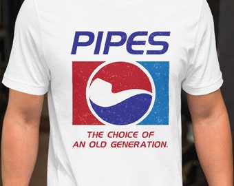 May include: White t-shirt featuring a blue and red logo that reads "PIPES" and "THE CHOICE OF AN OLD GENERATION."