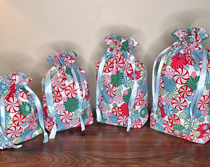 Cloth Gift Bags Christmas Blue Peppermint Candy Lined Fabric Gift Bag