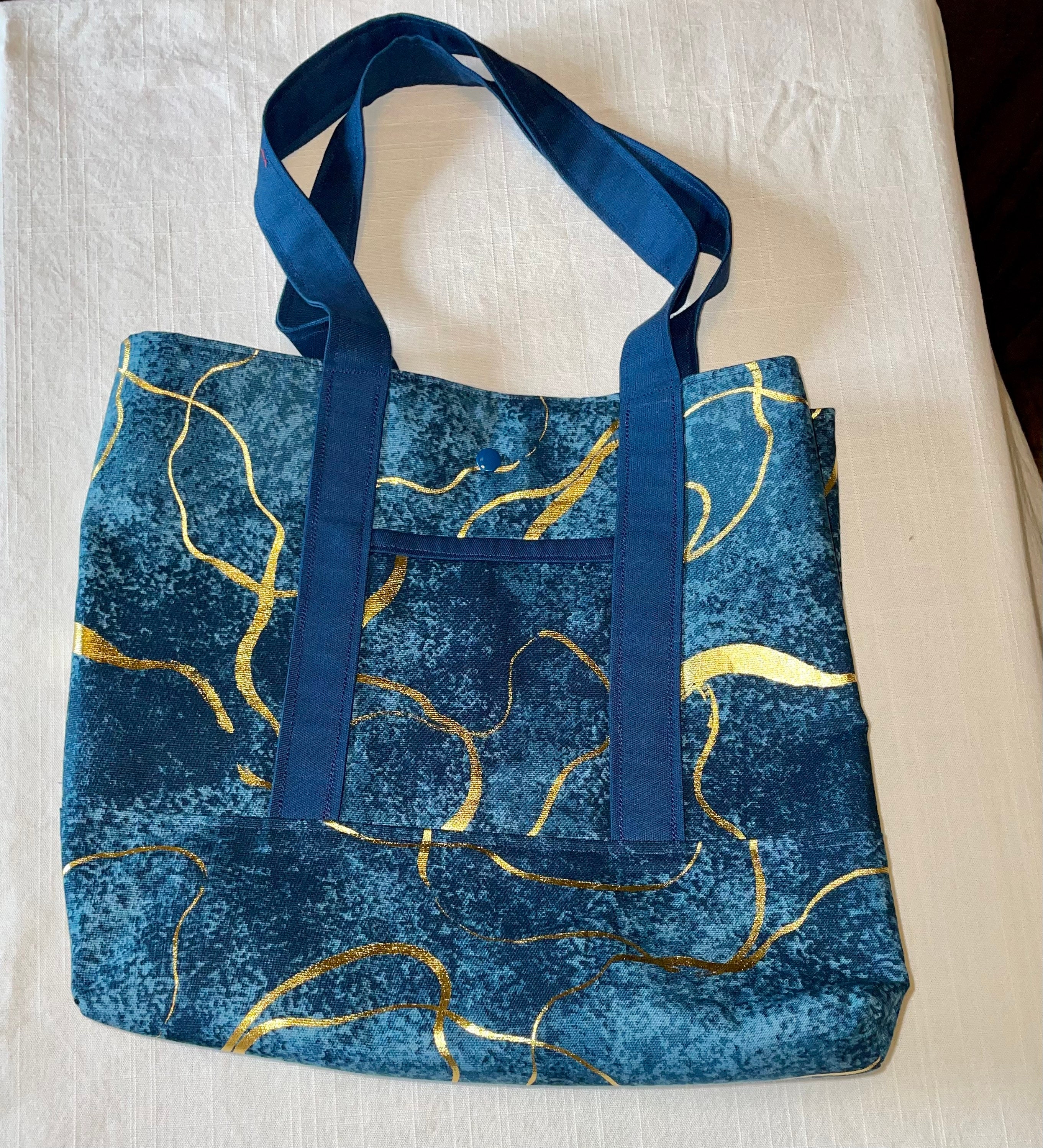 Lined Canvas Tote Bag / Purse / Handbag with Pockets / Denim Blue with Gold Foil Swirl Print 12 x 12 x 5.5 inches *FREE SHIPPING TO U.S.* - Thumbnail 5