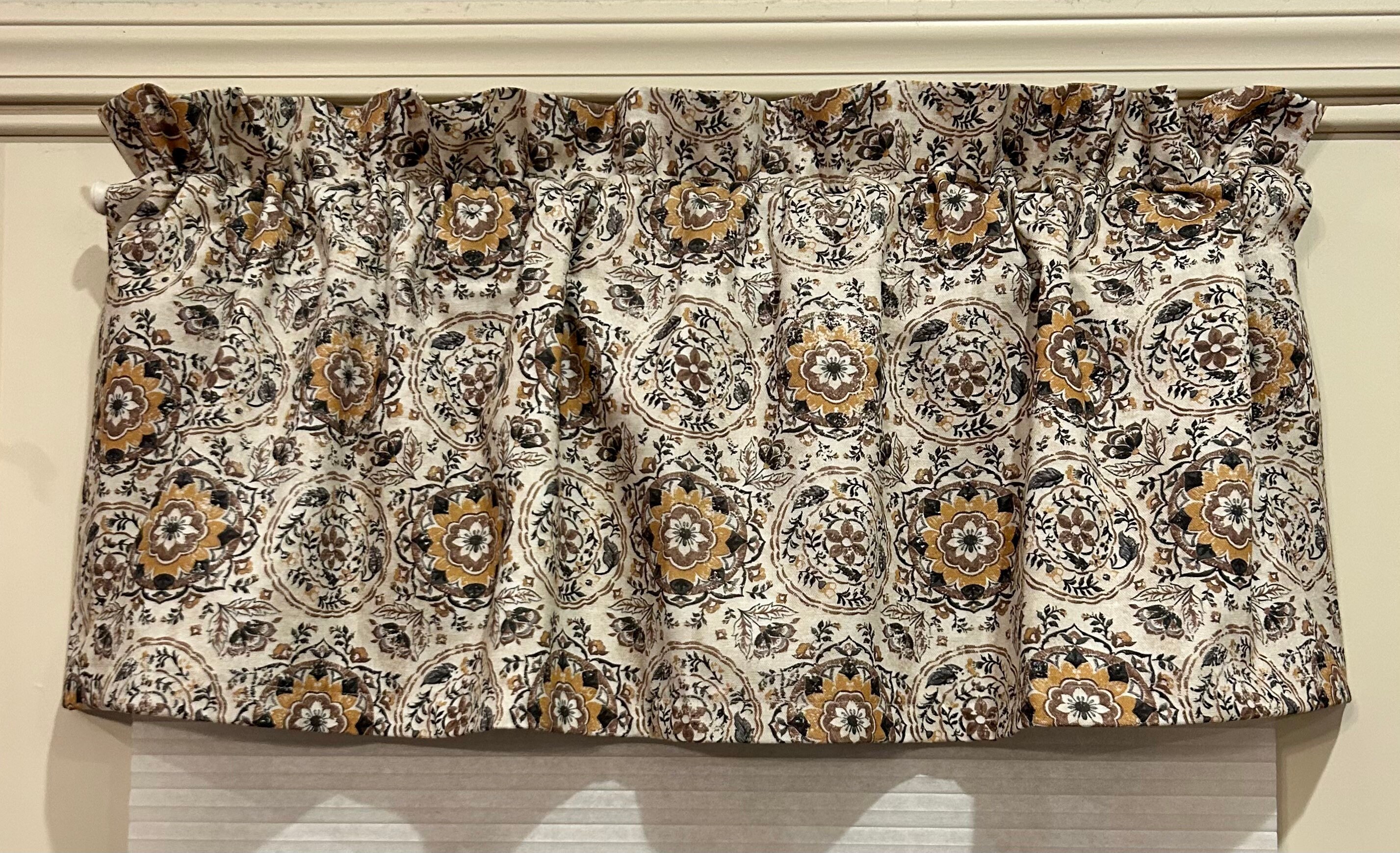 Window Valance - Yellow, Beige Black Medallion - 42 x 16 in / 100% Med Weight /  Decor/Drapery Cotton—Lined or Unlined FREE SHIPPING to U.S. - Thumbnail 2