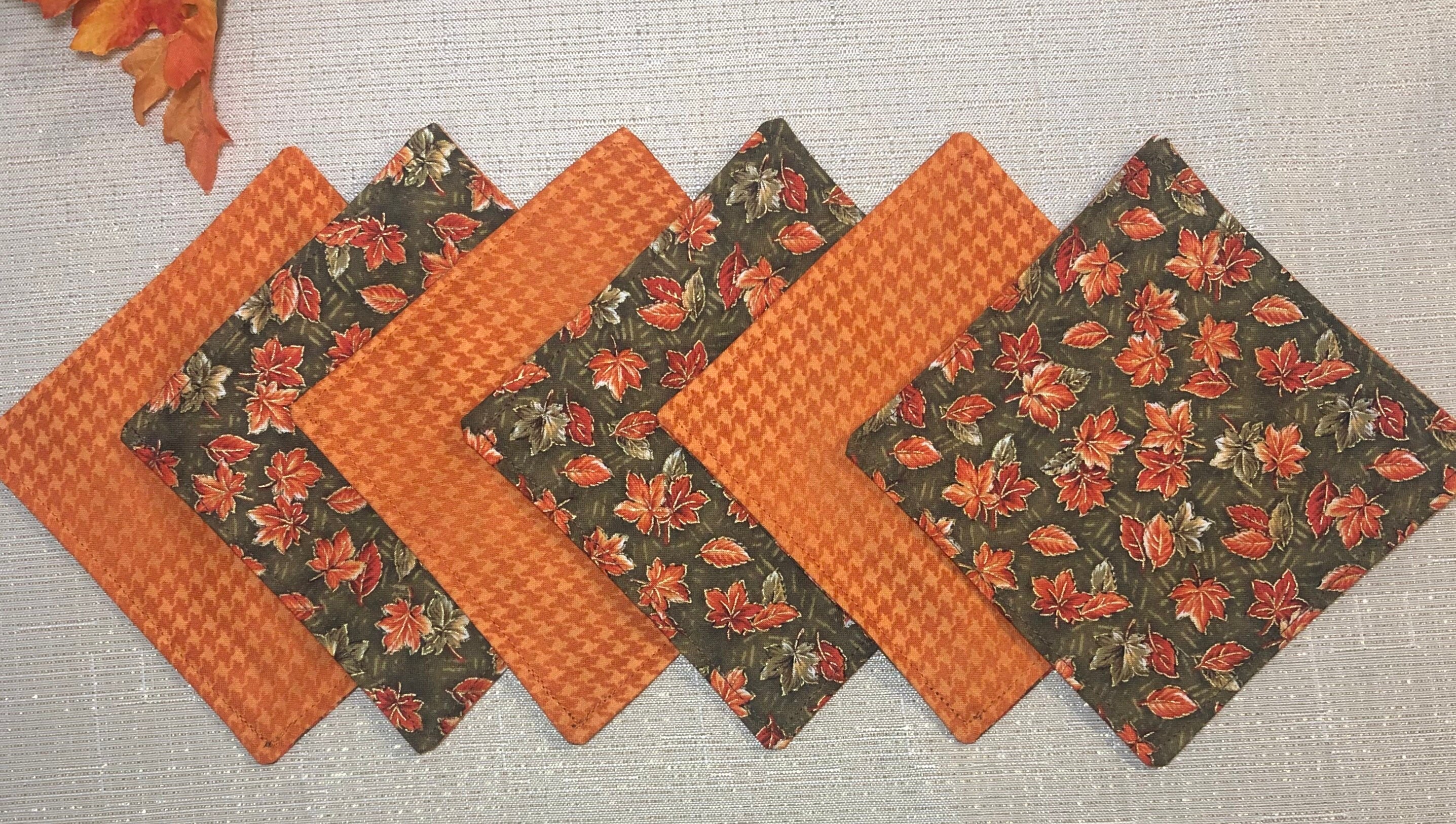 Cloth Napkins Reversible Green / Orange Leaf / Orange Checked | 100% Premium Cotton | 5, 10, or 17 inch square**FREE SHIPPING TO U.S.** - Thumbnail 6