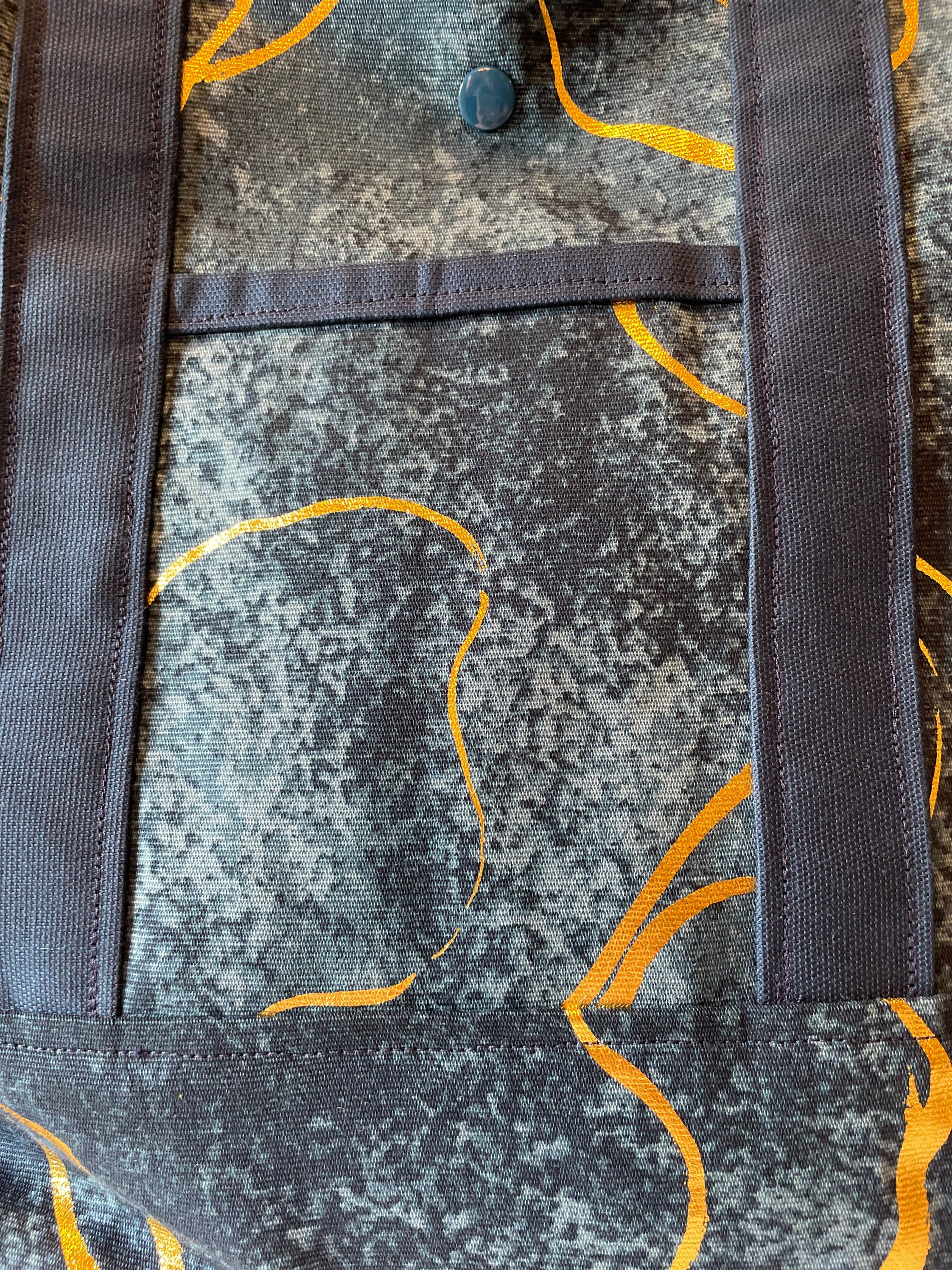 Lined Canvas Tote Bag / Purse / Handbag with Pockets / Denim Blue with Gold Foil Swirl Print 12 x 12 x 5.5 inches *FREE SHIPPING TO U.S.* - Thumbnail 3