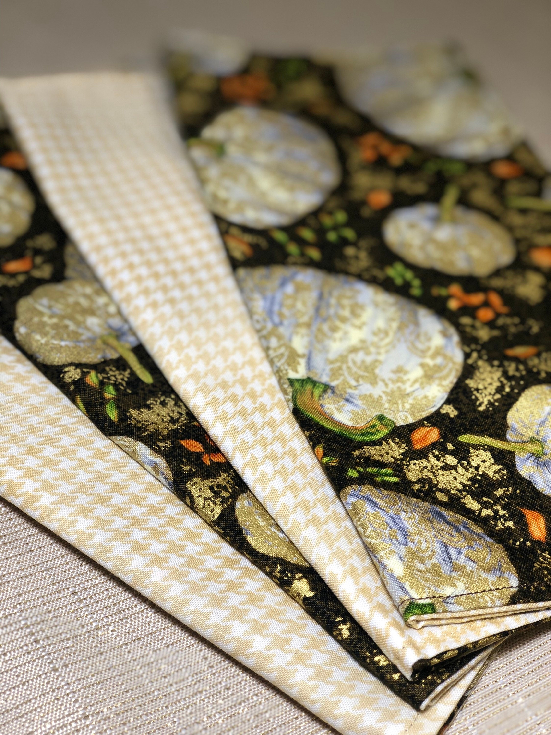 Cloth Napkins - Reversible Tossed Pumpkins on Brown / Yellow Checked | 100% Premium Cotton | 10 or 16 inch square - Thumbnail 3
