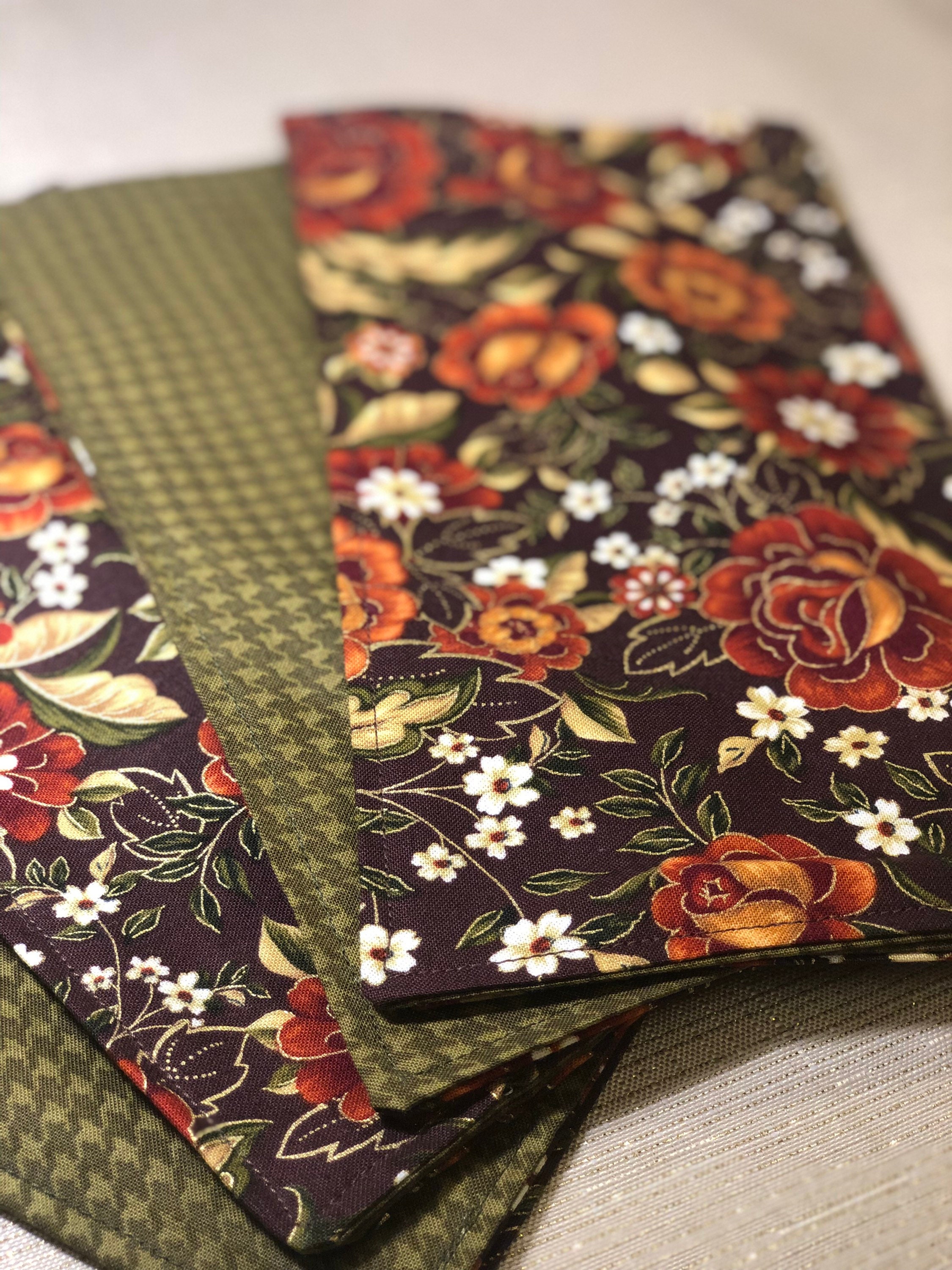Cloth Napkins 2-ply Reversible Orange Fall Floral / Green Checked | 100% Premium Cotton | 5, 10, or 17 inch square**FREE SHIPPING TO U.S.**