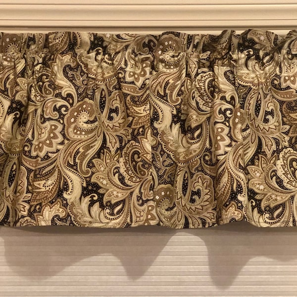Window Valance / Lined or Unlined - Brown, Tan and Black Paisley 16 x 42 inch **FREE SHIPPING to U.S.**
