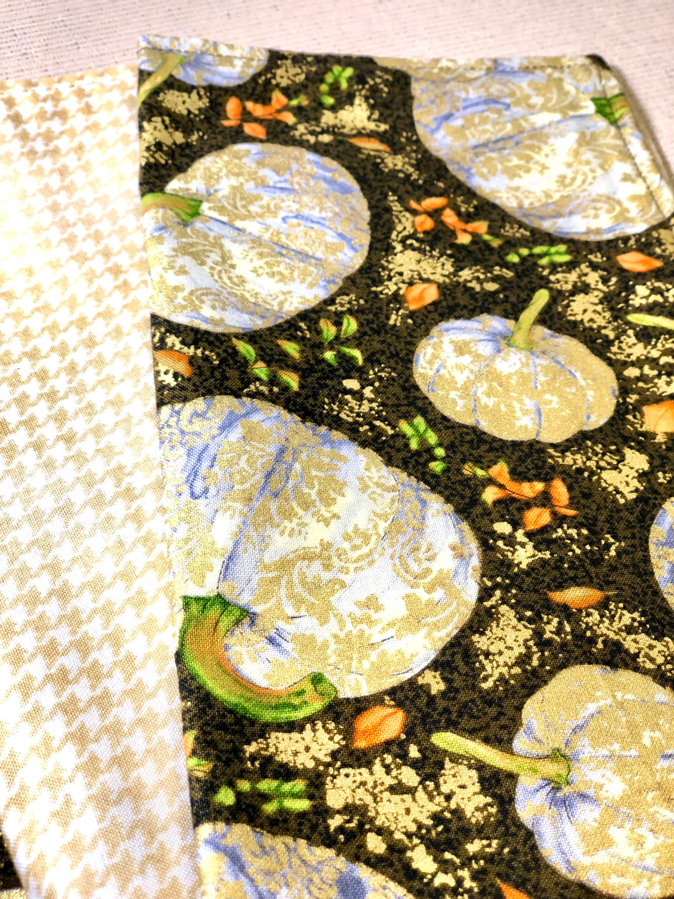 Cloth Napkins - Reversible Tossed Pumpkins on Brown / Yellow Checked | 100% Premium Cotton | 10 or 16 inch square