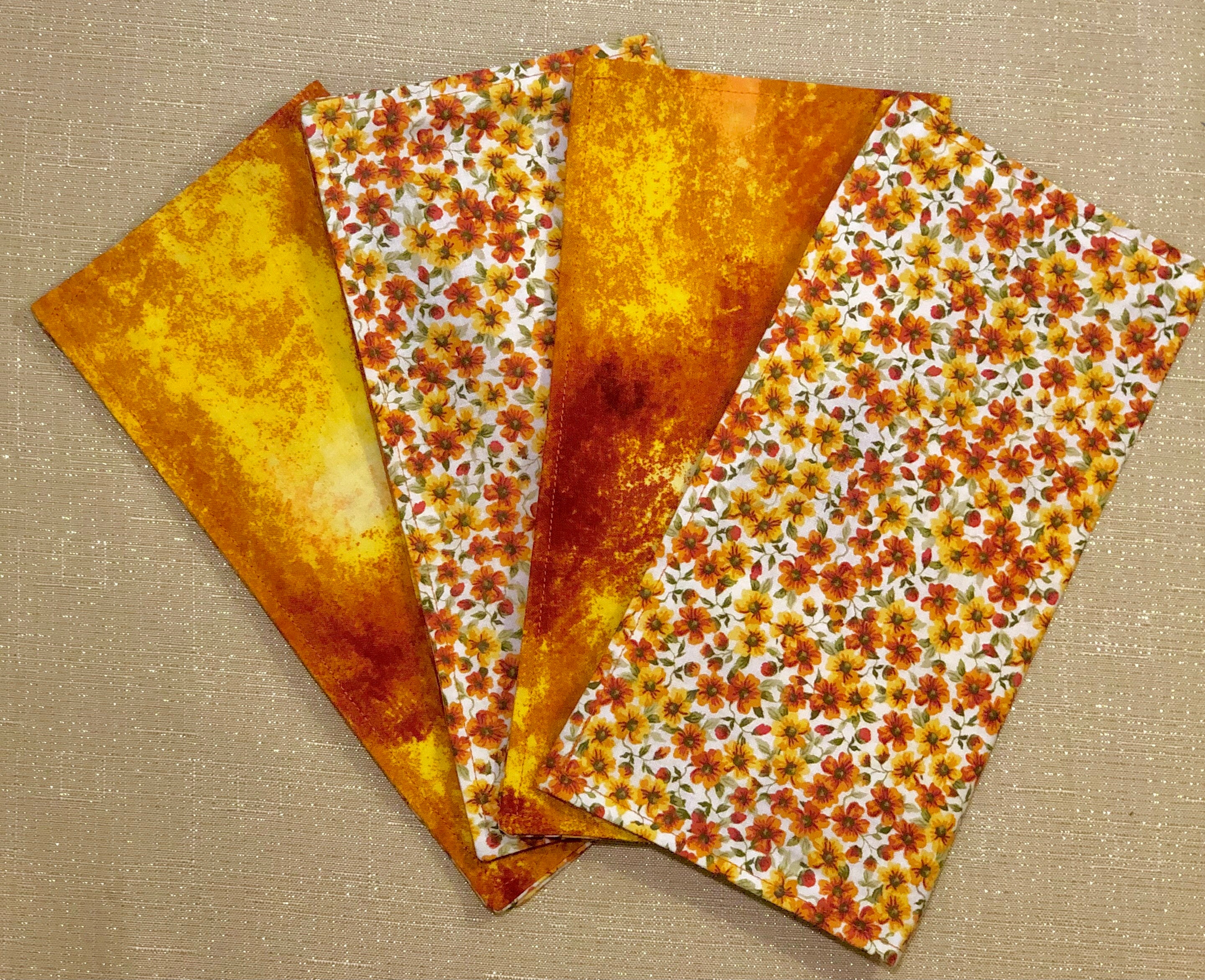 Cloth Napkins - Reversible Orange & Yellow Floral / Ombré 2-ply | 100% Cotton | 10 inch square**FREE SHIPPING TO U.S.** - Thumbnail 3