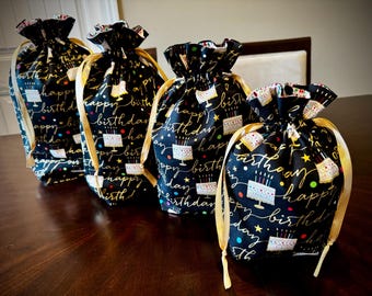 Cloth Birthday Gift Bags Happy Birthday Gift Bag with Gold Drawstring Fabric Gift Bag Birthday Cloth Gift Bag Reusable Gift Bag for Birthday