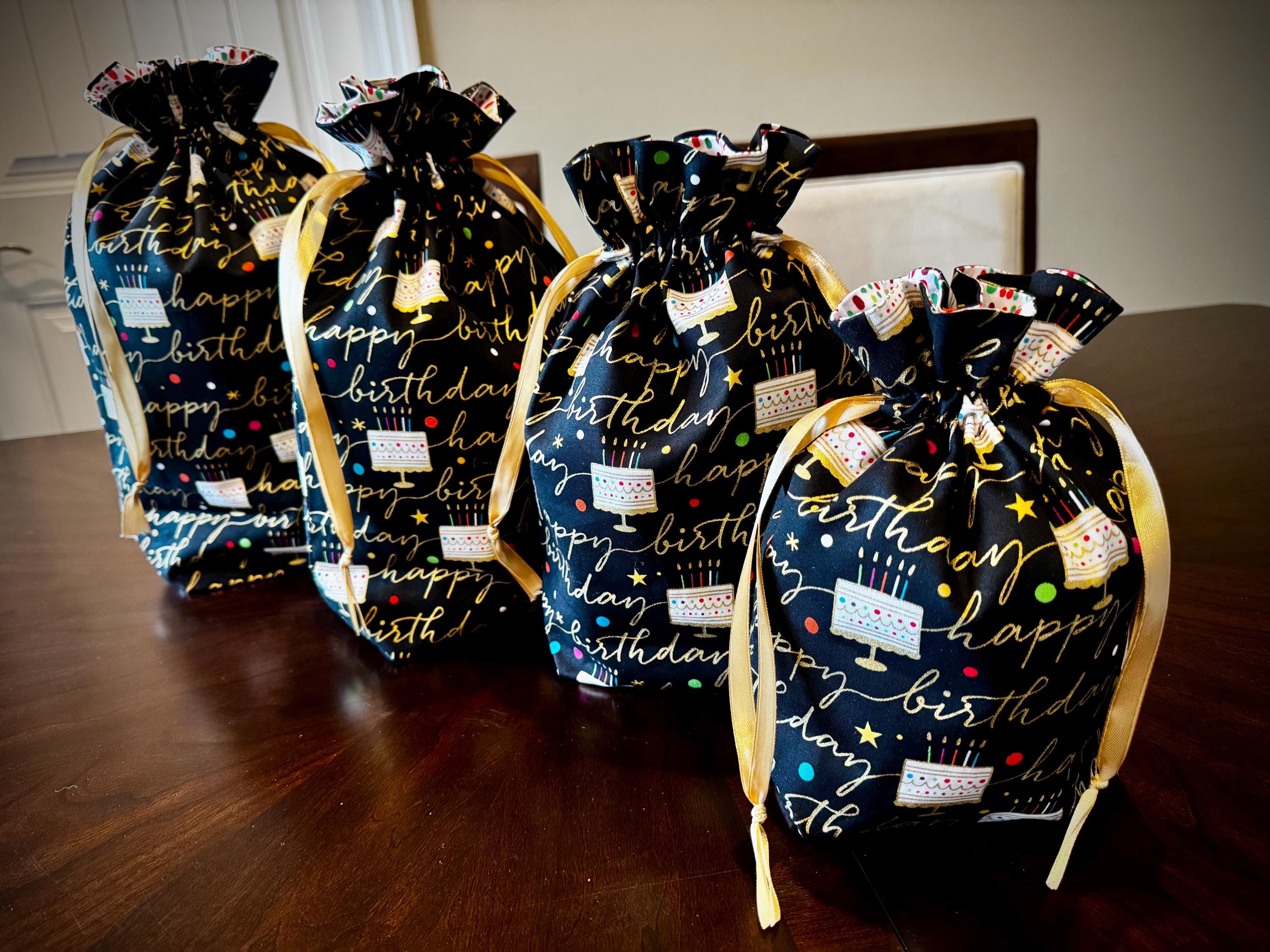 Cloth Birthday Gift Bags Happy Birthday Gift Bag with Gold Drawstring Fabric Gift Bag Birthday Cloth Gift Bag Reusable Gift Bag for Birthday