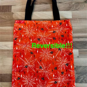 Reversible Trick or Treat Bag | Halloween Cloth Tote | Spider & Bat Book Bag 12x15 inches