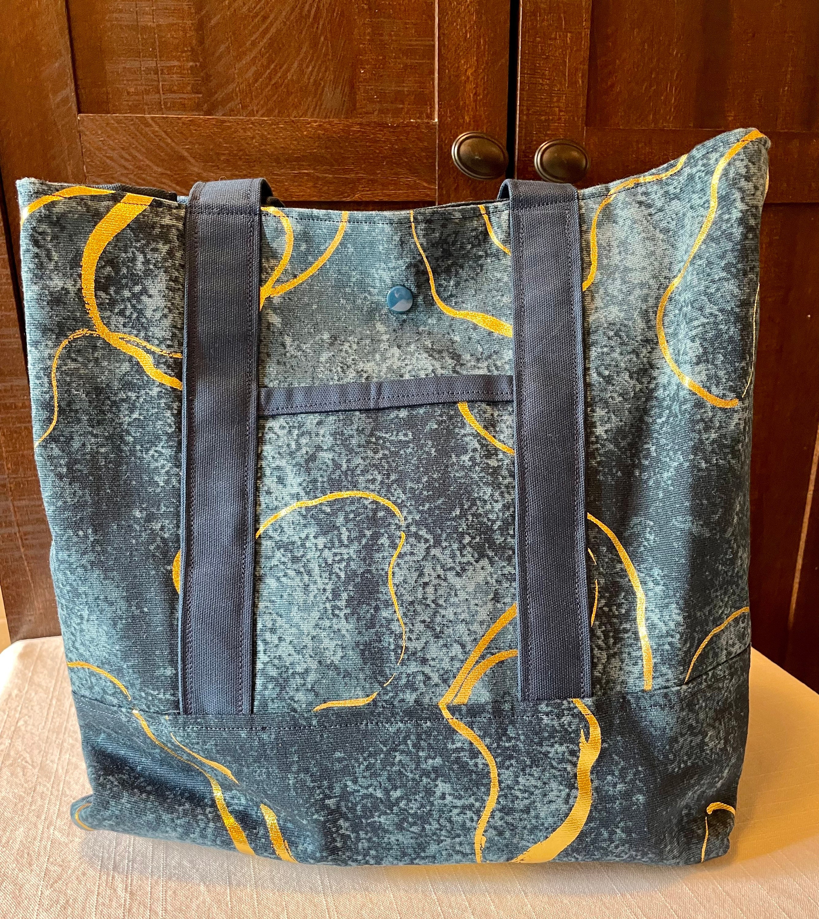 Lined Canvas Tote Bag / Purse / Handbag with Pockets / Denim Blue with Gold Foil Swirl Print 12 x 12 x 5.5 inches *FREE SHIPPING TO U.S.* - Thumbnail 2