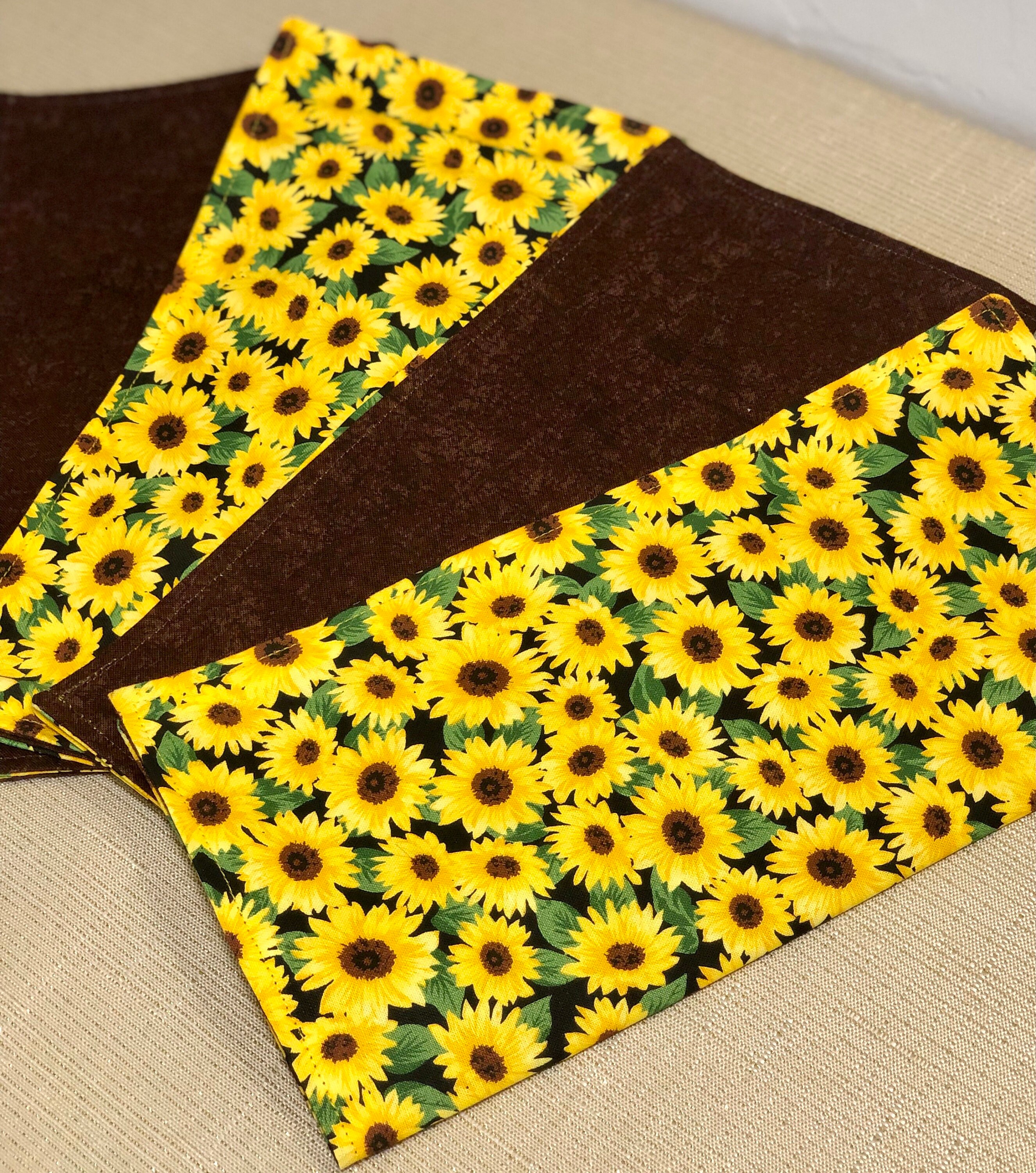 Cloth Napkins - Reversible Yellow Sunflowers / Brown  | 100% Cotton | 10 or 17 inch square | 2-ply **FREE SHIPPING TO U.S.**