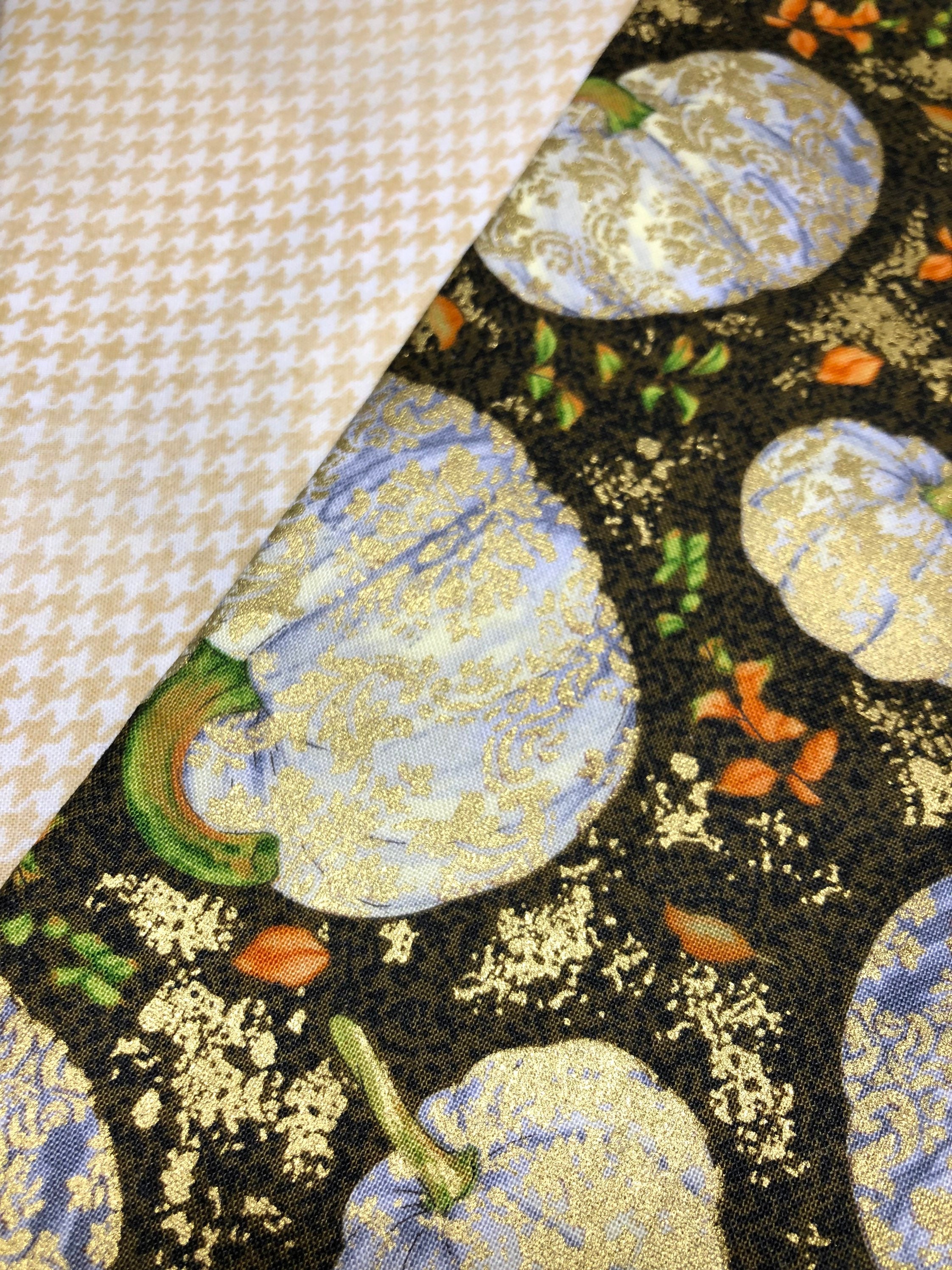 Cloth Napkins - Reversible Tossed Pumpkins on Brown / Yellow Checked | 100% Premium Cotton | 10 or 16 inch square - Thumbnail 4