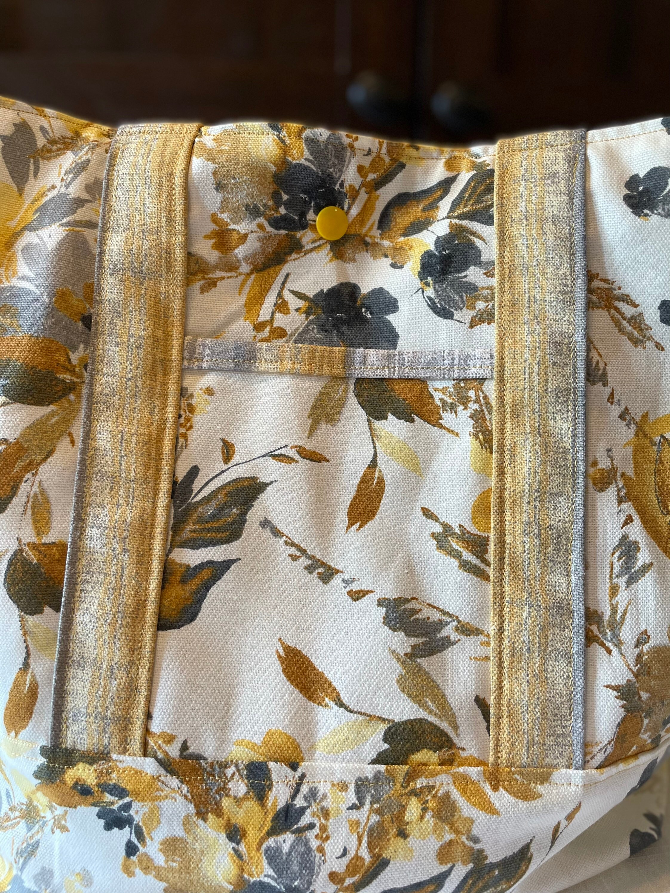 Lined Canvas Tote Bag / Purse / Handbag with Pockets /Yellow Gray Ivory Floral  Print 12 x 12 x 5.5 inches - Thumbnail 3