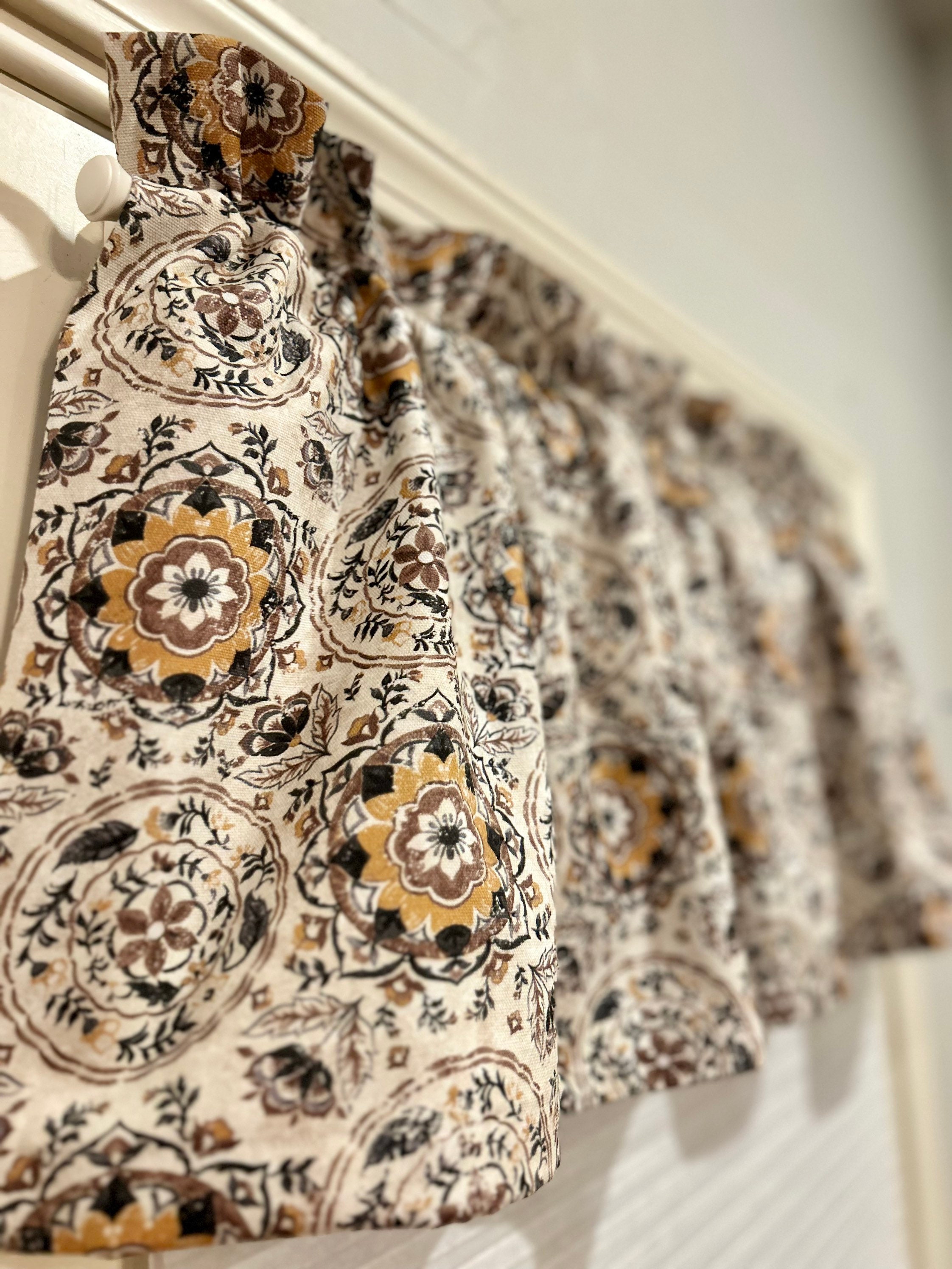 Window Valance - Yellow, Beige Black Medallion - 42 x 16 in / 100% Med Weight /  Decor/Drapery Cotton—Lined or Unlined FREE SHIPPING to U.S.