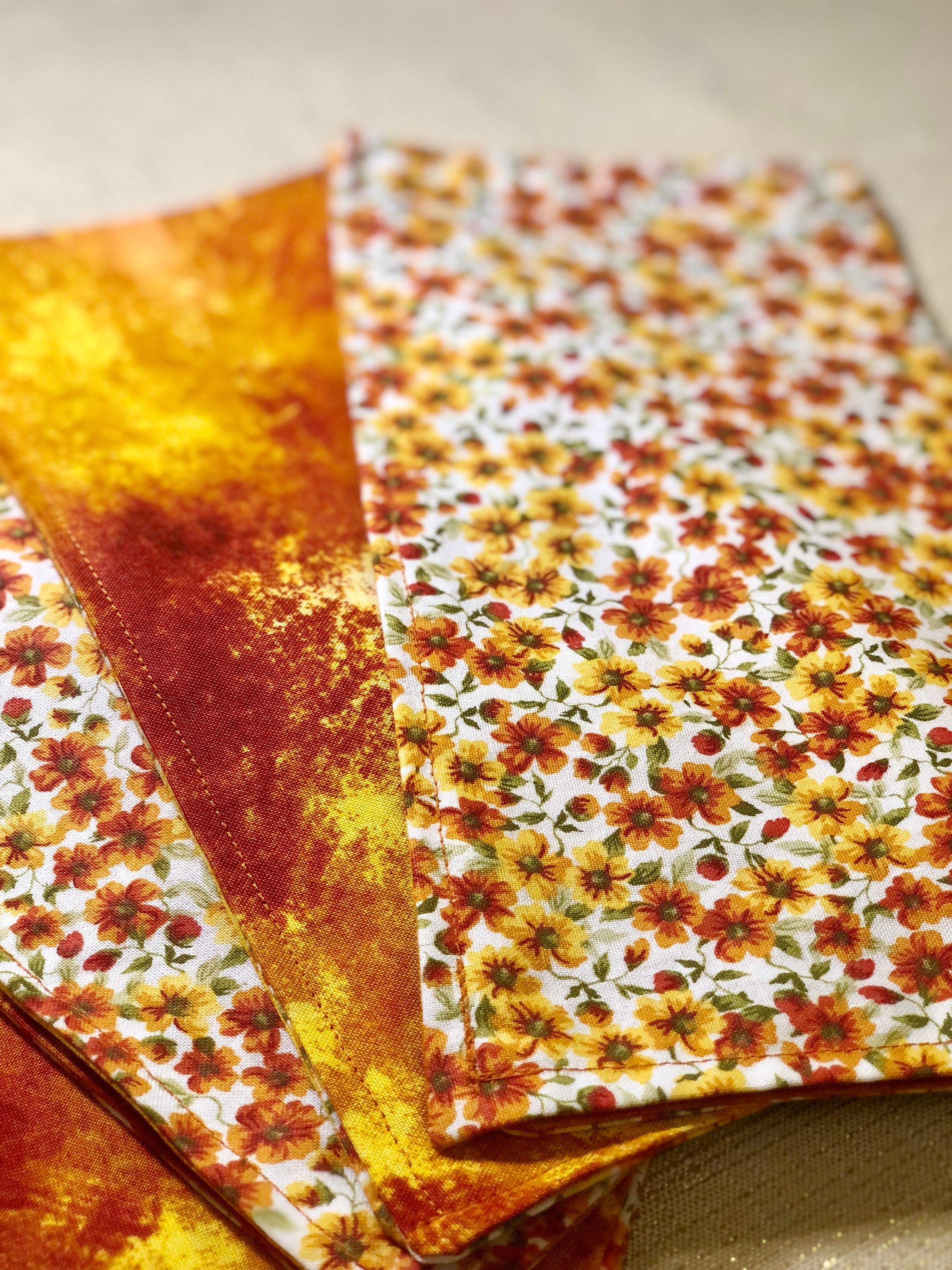 Cloth Napkins - Reversible Orange & Yellow Floral / Ombré 2-ply | 100% Cotton | 10 inch square**FREE SHIPPING TO U.S.**