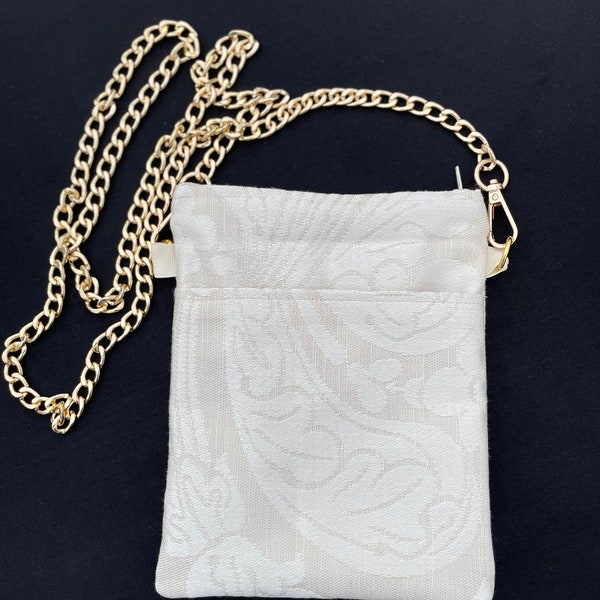 Cross-Body Lined Purse / Handbag Ivory Damask with Gold Chain / Inner and Outer Pockets 6x9 inch * FREE SHIPPING to U.S.**