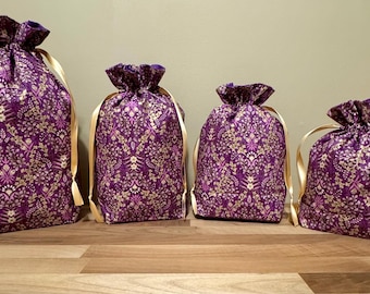 Cloth Gift Bag -  Lavendar and Gold Floral on Purple Cotton with Double Satin Drawstring