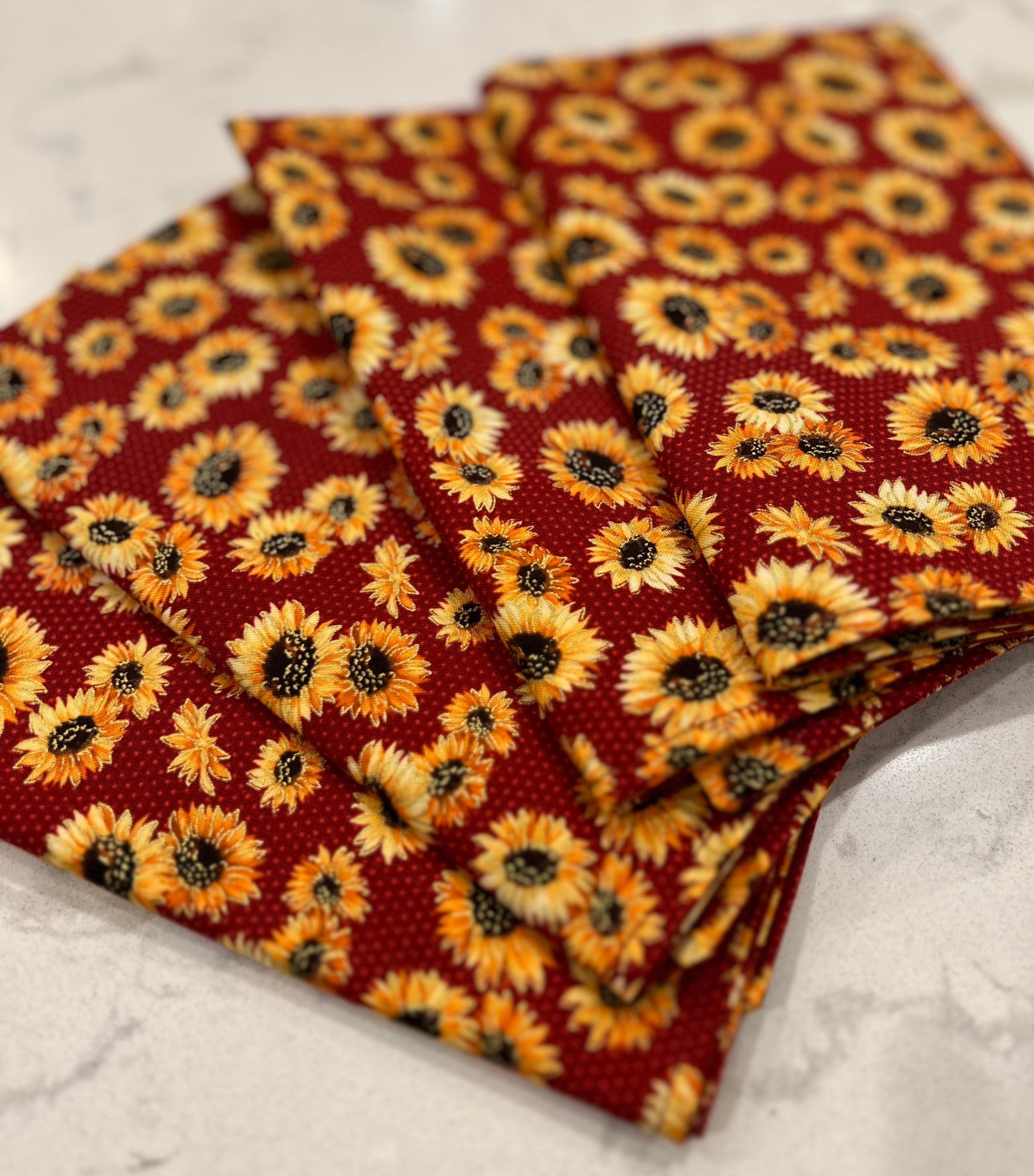 Cloth Napkins 2-ply Fall Sunflowers on Red | 100% Premium Cotton | 10 or 17 inch square**FREE SHIPPING TO U.S.**