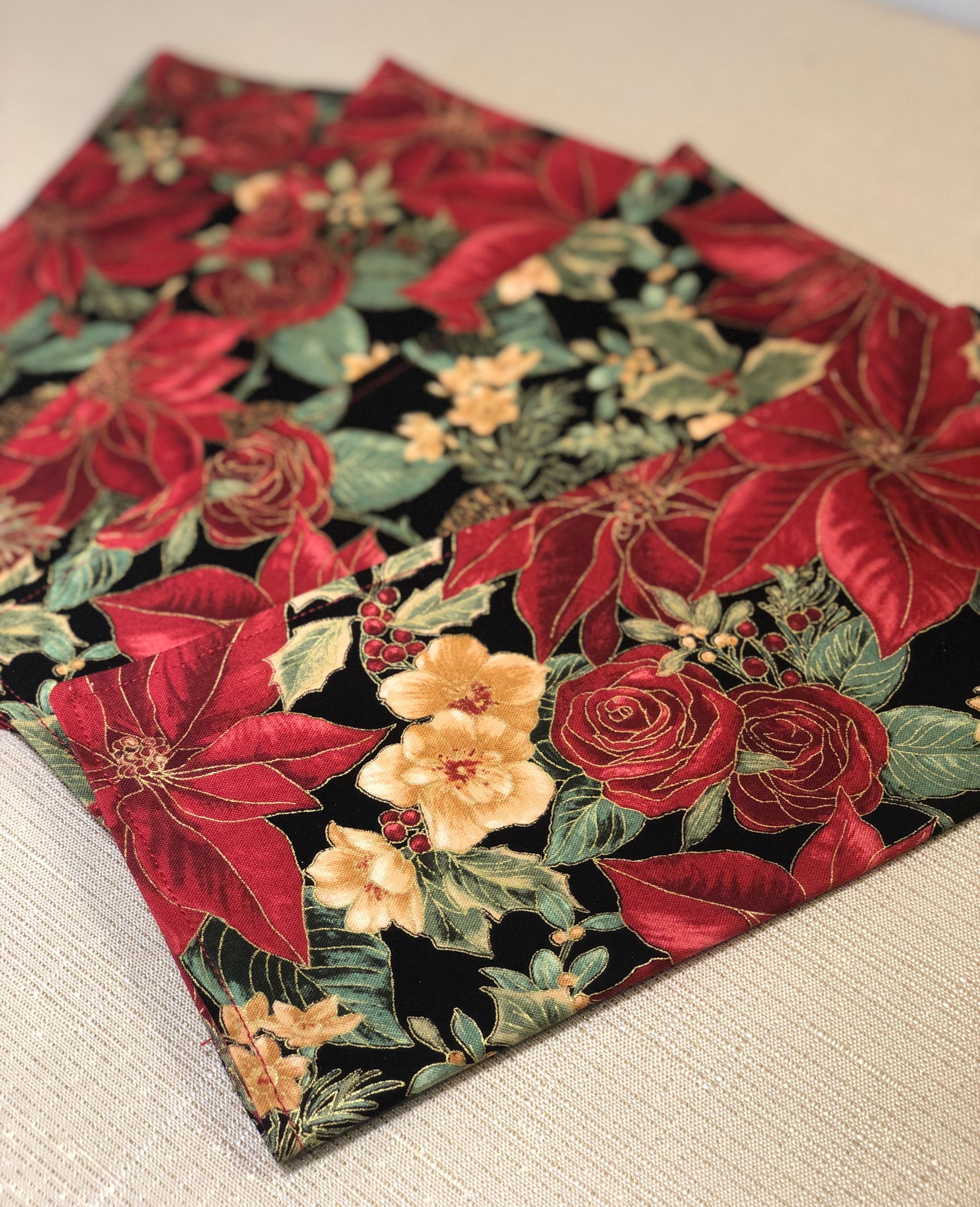 Cloth Napkins - Christmas Red Poinsettia on Black / Gold Embossed | 100% Premium Cotton | 2-ply 10 or 17 in square **FREE SHIPPING TO U.S.**