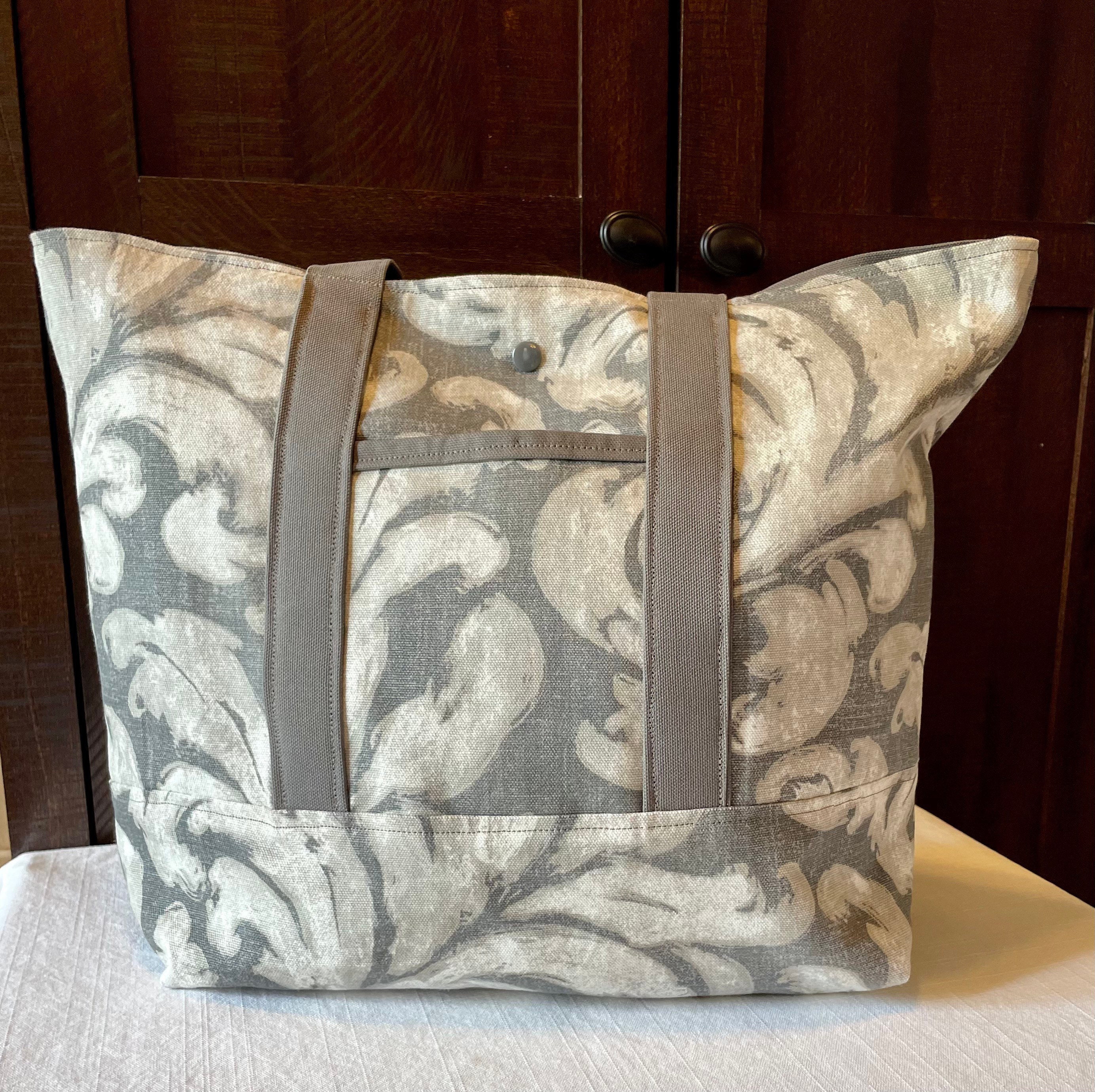 Lined Canvas Tote Bag / Purse / Handbag with Pockets / Gray Feather Swirl  Print 12 x 12 x 5.5 inches *FREE SHIPPING TO U.S.*