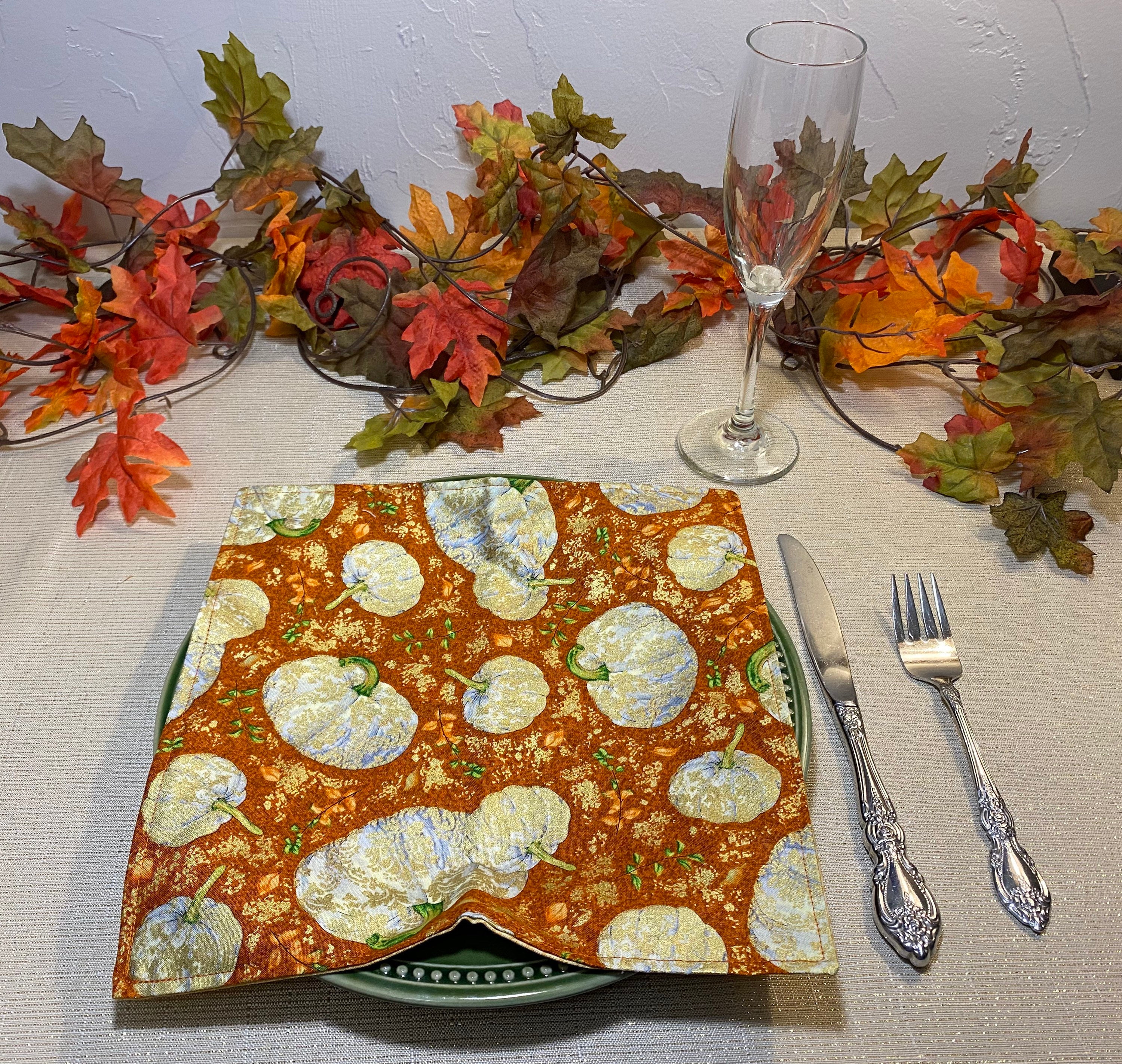 Cloth Napkins 2-ply Reversible Orange Pumpkin | 100% Premium Cotton | 10, or 16 inch square**FREE SHIPPING TO U.S.** - Thumbnail 5