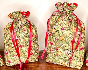 Cloth Gift Bags Christmas Tree Branch with Ornaments Lined Bag with Double Drawstring Reusable Gift Bag Christmas Gift Bag