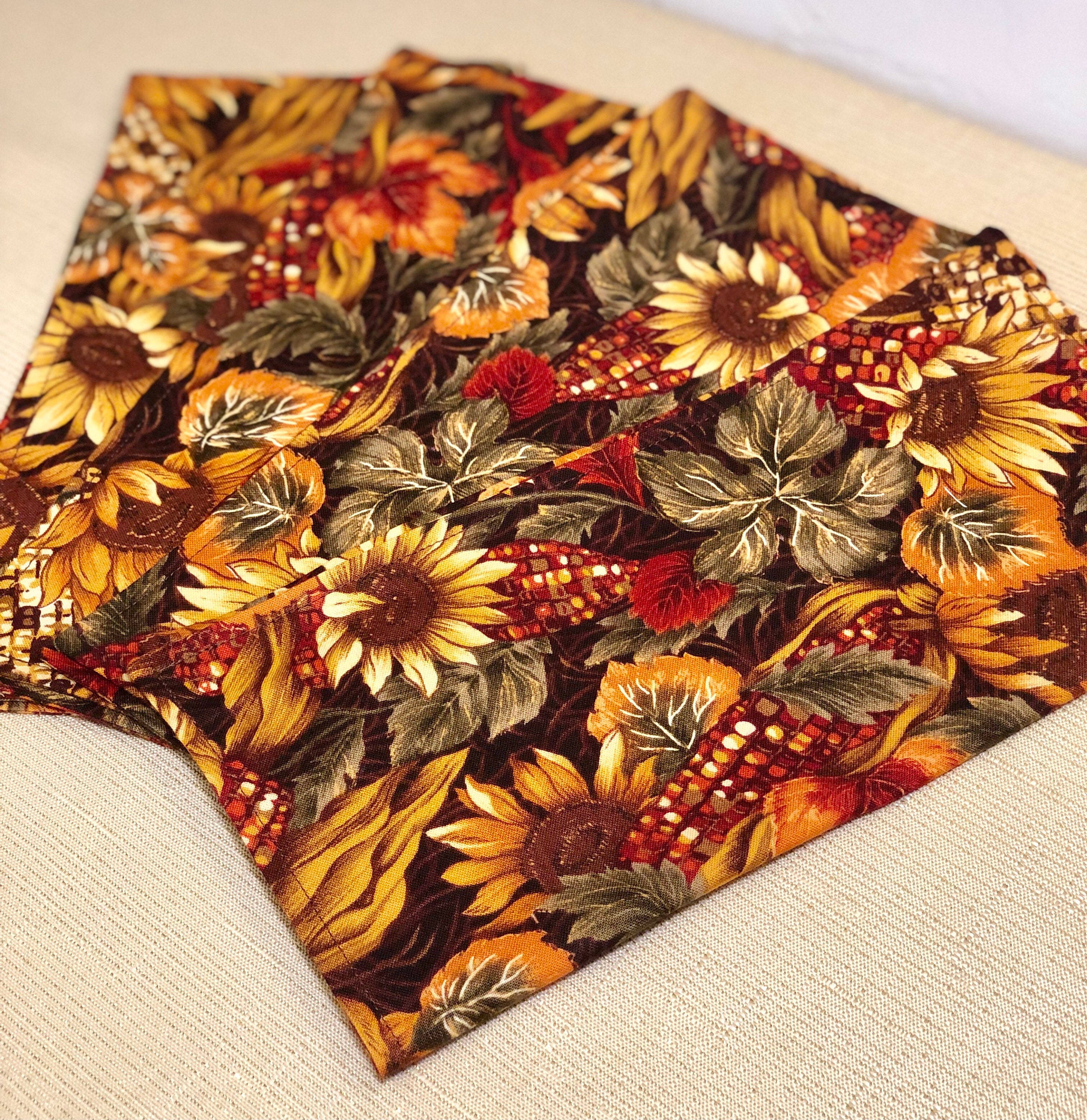 Cloth Napkins - Fall Thanksgiving Sunflower / Corn Stalk | 100% Cotton | 2-ply | Set of (4) 10x10 inch square **FREE SHIPPING TO U.S.**