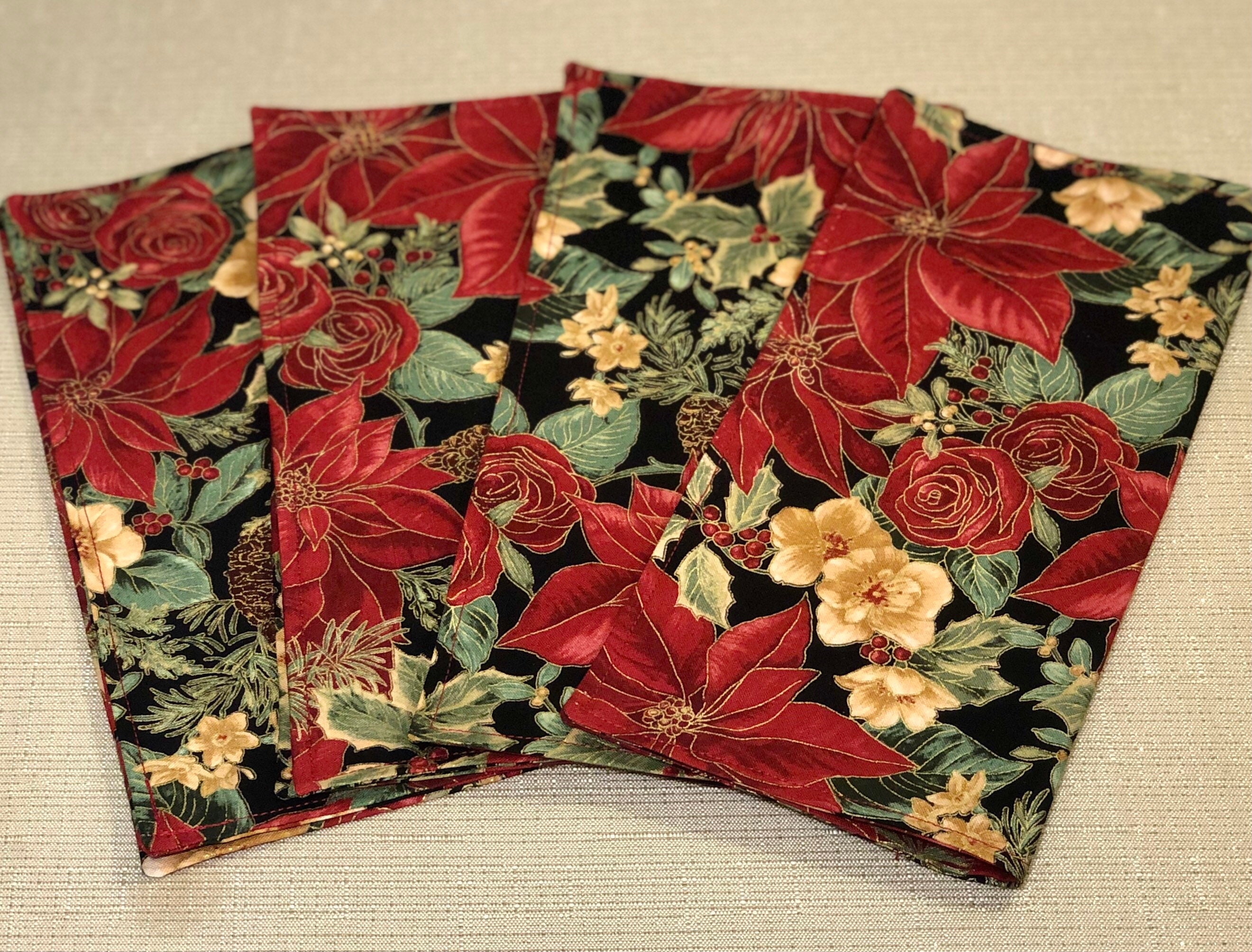 Cloth Napkins - Christmas Red Poinsettia on Black / Gold Embossed | 100% Premium Cotton | 2-ply 10 or 17 in square **FREE SHIPPING TO U.S.** - Thumbnail 3