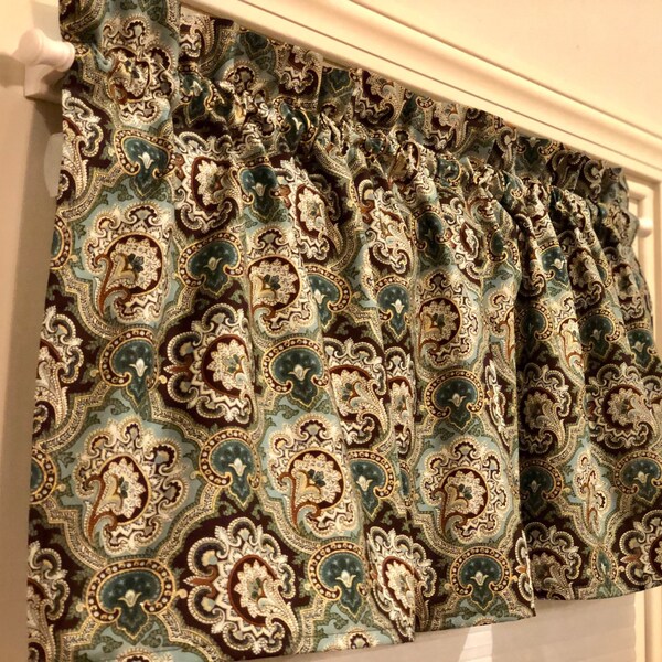 Window Valance - Brown, Teal & Gold Embossed Paisley Medallion - 16 x 42 in | 100% Light Wt Cotton | Lined or Unlined FREE SHIPPING to U.S.