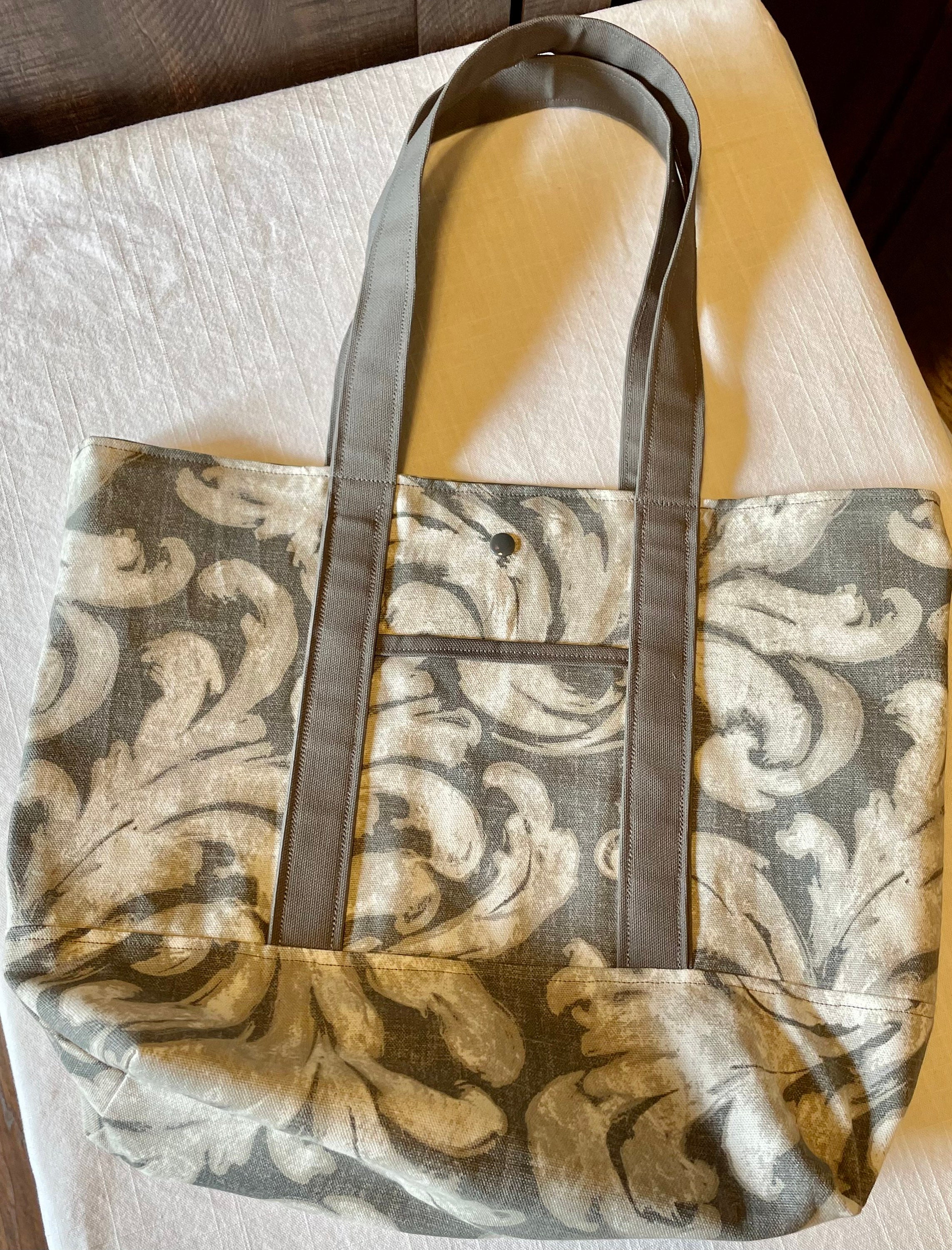 Lined Canvas Tote Bag / Purse / Handbag with Pockets / Gray Feather Swirl  Print 12 x 12 x 5.5 inches *FREE SHIPPING TO U.S.* - Thumbnail 2