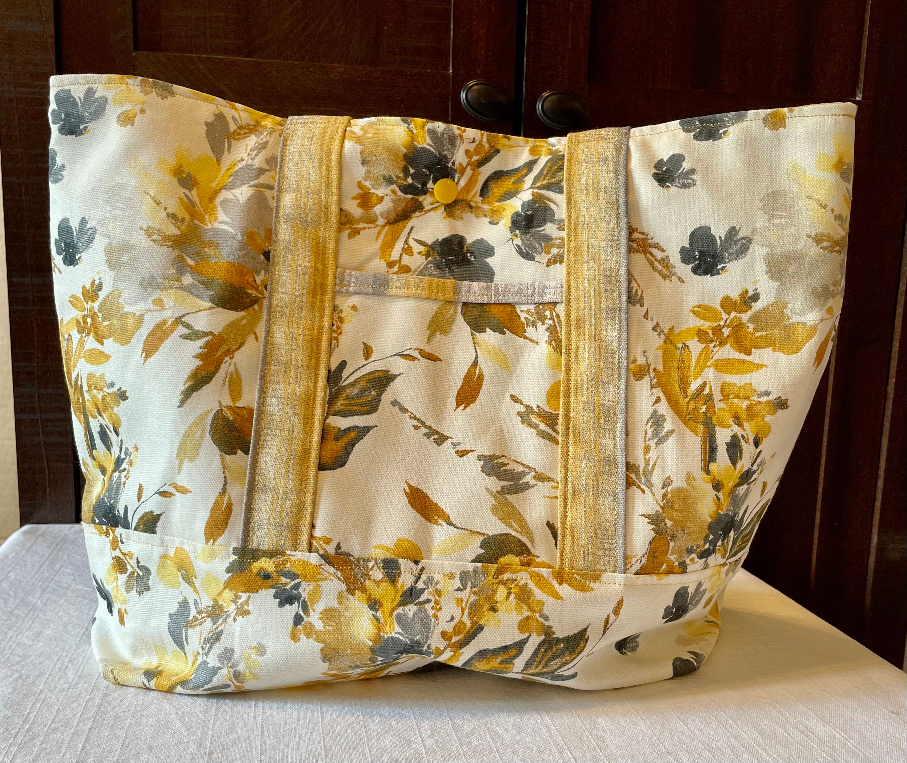 Lined Canvas Tote Bag / Purse / Handbag with Pockets /Yellow Gray Ivory Floral  Print 12 x 12 x 5.5 inches - Thumbnail 2