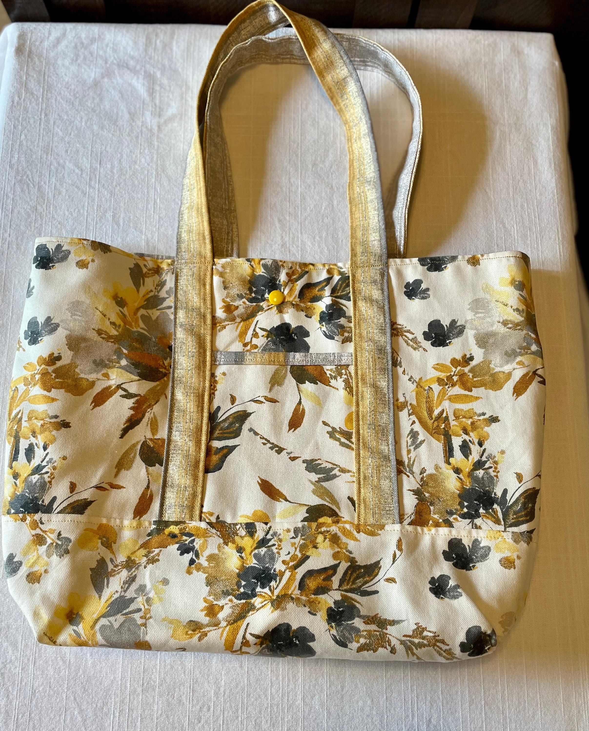 Lined Canvas Tote Bag / Purse / Handbag with Pockets /Yellow Gray Ivory Floral  Print 12 x 12 x 5.5 inches - Thumbnail 5