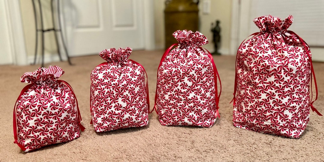 Cloth Gift Bags Christmas Red and White Peppermint Candy Lined Fabric