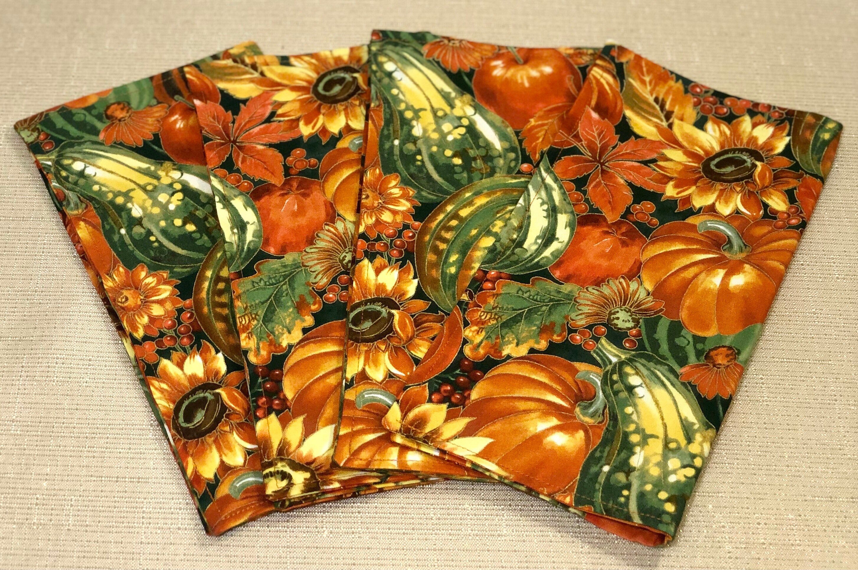 Cloth Napkins - Fall Thanksgiving Orange Pumpkin / Gourd / Sunflower | 100% Cotton | 2-ply | 10 or 17 inch square **FREE SHIPPING TO U.S.**