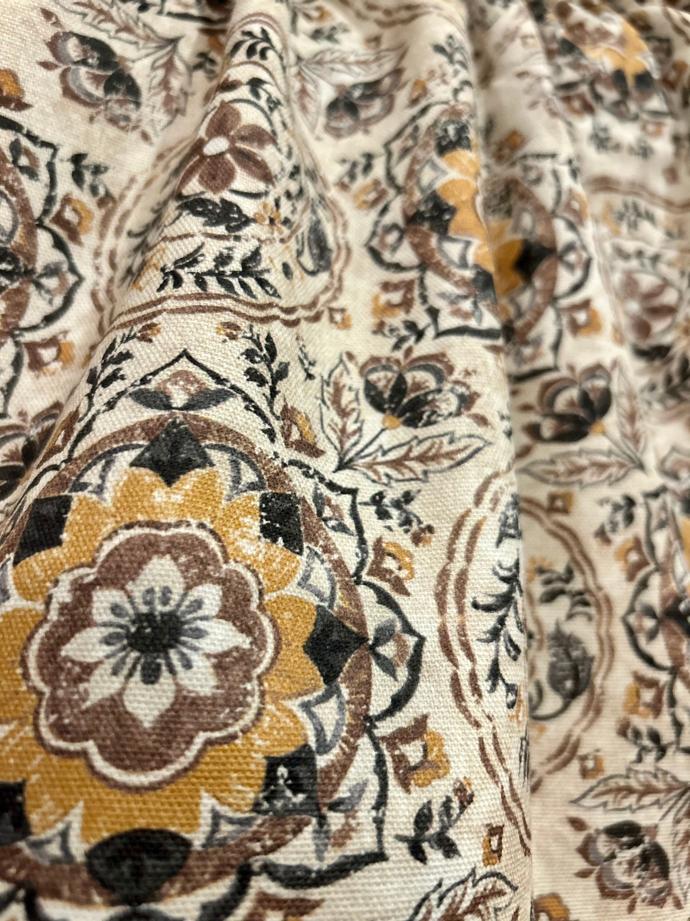 Window Valance - Yellow, Beige Black Medallion - 42 x 16 in / 100% Med Weight /  Decor/Drapery Cotton—Lined or Unlined FREE SHIPPING to U.S. - Thumbnail 3
