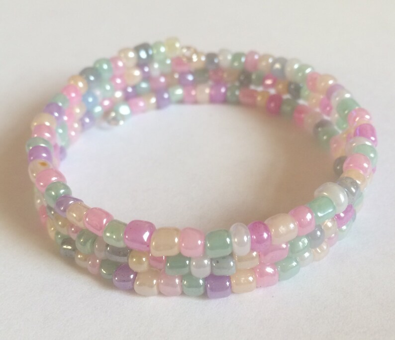 3 Coil Multi Coloured Pastel Shade Glass Seed Bead Memory Wire Bangle Bracelet