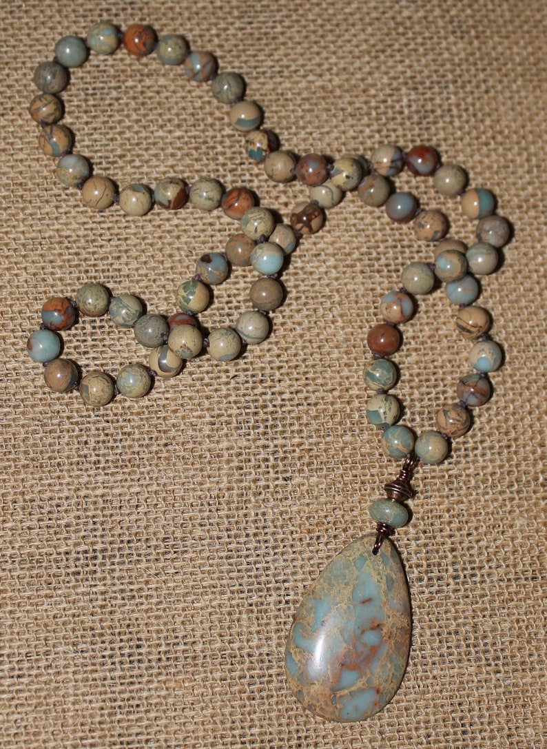 Hand Knotted African Opal Jasper Necklace 29 12 Inches