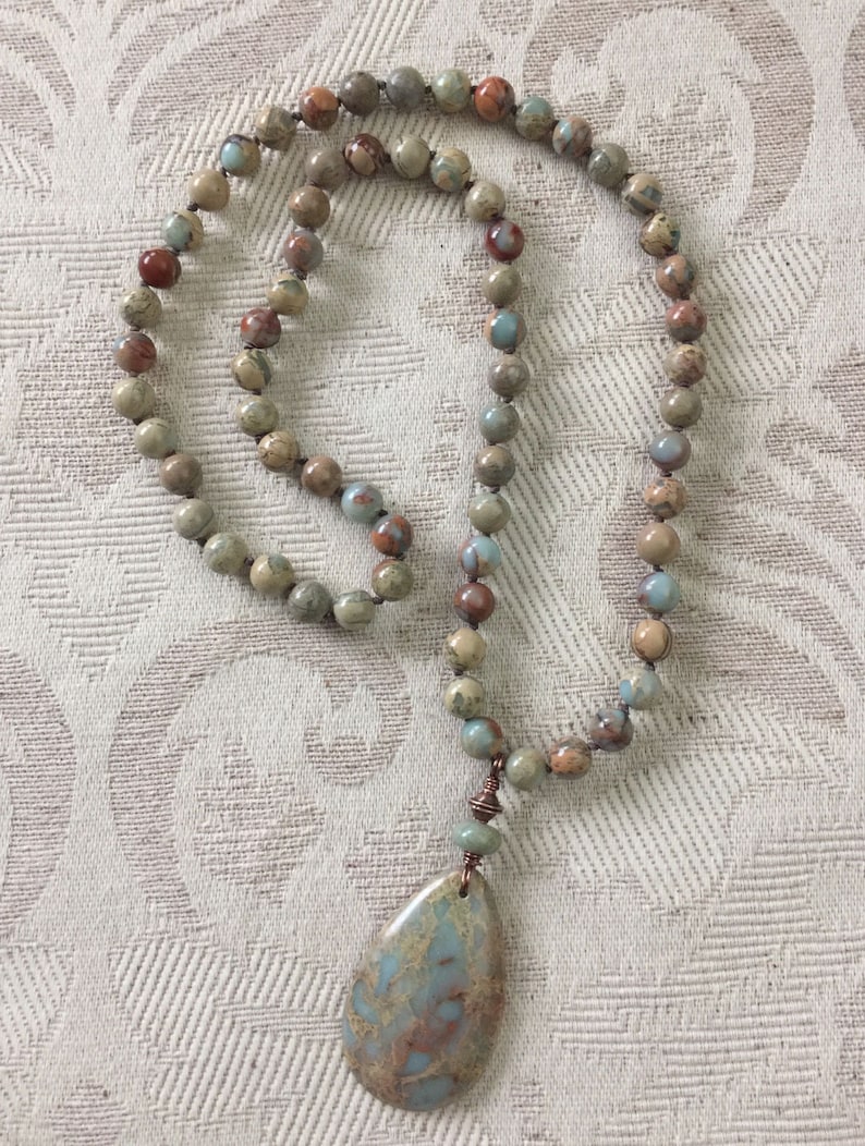 Hand Knotted African Opal Jasper Necklace 29 12 Inches