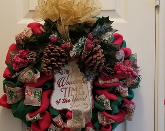 Burlap Christmas Wreath, Red and Green Rustic Christmas Wreath, Burlap Door Decor, Christmas Wreath