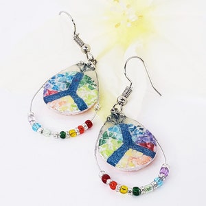 Rainbow Peace Eggshell Mosaic Earrings | Hand painted Eggshell Mosaic | Sterling silver earwires