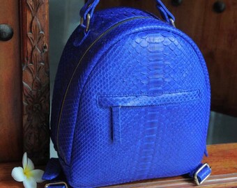 Prawdziwy plecak ze skóry pytona Electric Blue | Torby ze skóry egzotycznej | Plecak sportowy ze skóry damskiej | Plecak dla dziewcząt | Plecaki ręcznie robione