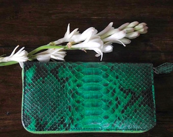 Portefeuille en peau de python vert | Portefeuille couleur vert clair en véritable python unisexe | Portefeuille en cuir véritable élégant et élégant en python