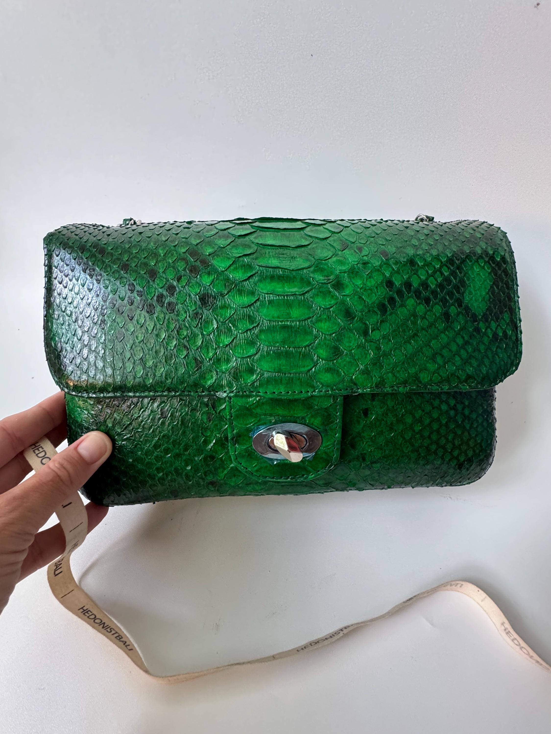 Genuine Python Skin Green Color Shiny Chain Bag | Shoulder Bag