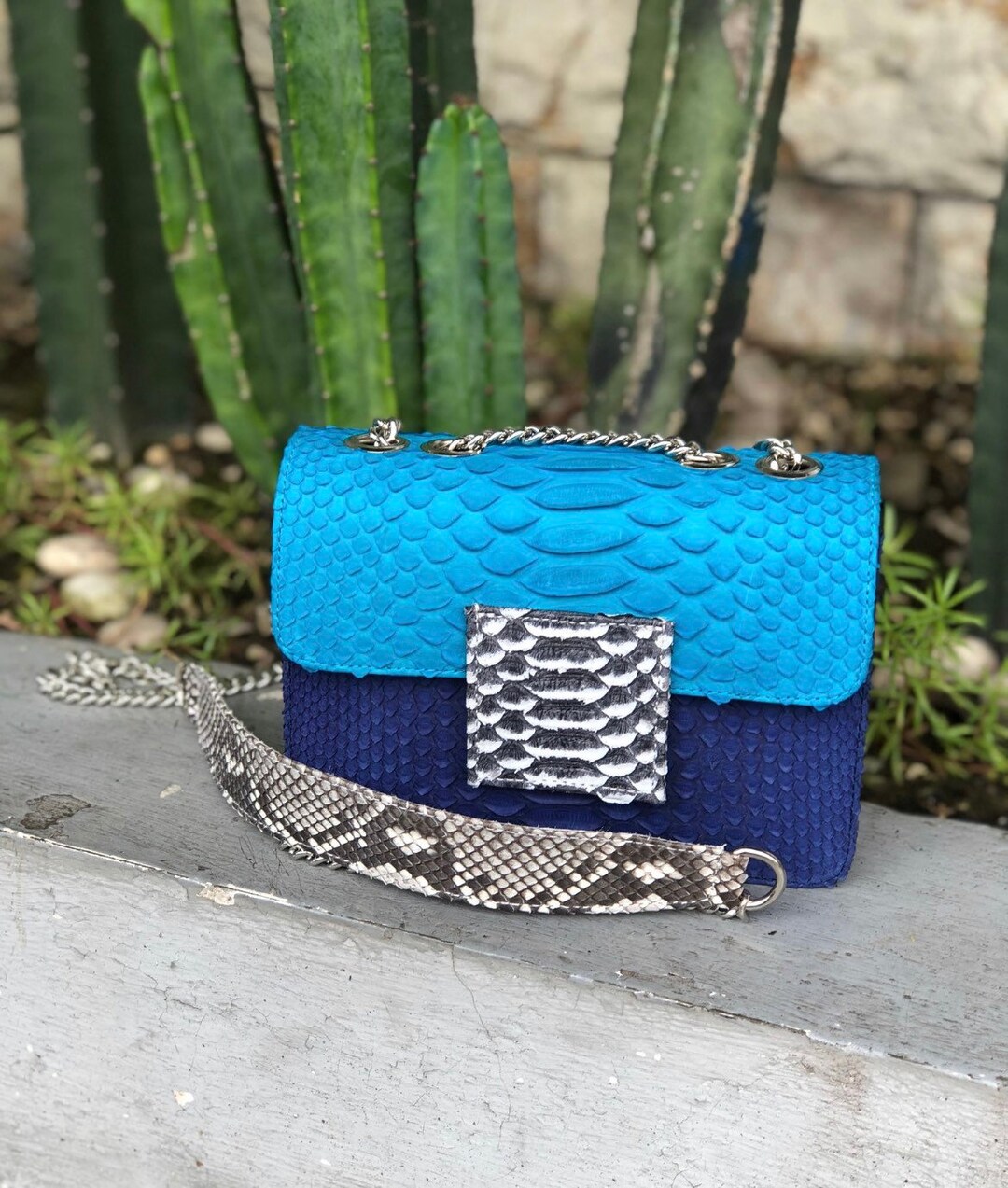 Small Blue Genuine Python Skin Crossbody Bag | Designer Leather Bag ...