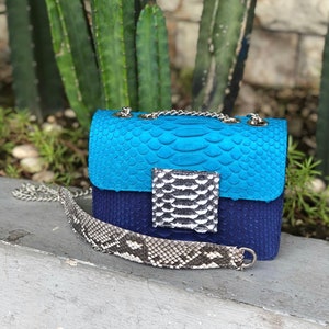 Peut inclure: Un petit sac à main bleu et bleu marine avec un motif en peau de serpent. Le sac a une bandoulière en chaîne argentée et un rabat en peau de serpent.