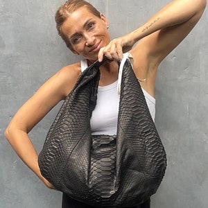 Große weiche Hobo edel Sport Frau Tasche | Geldbörse Echte Python-Haut | Reptil Haut Produkte | Schwarze Große Elegante Leder Designer Soft Bag Snake