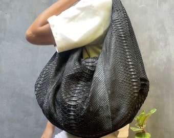 Big Soft Hobo Classy Sport Woman Bag | Purse Genuine Python Skin | Python Skin Products | Gray Big Elegant Leather Designer Soft Bag Snake