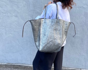 Genuine leather silver tote shopper big bag / everyday purse / handmade bags / designer bags / summer bag / gift for her